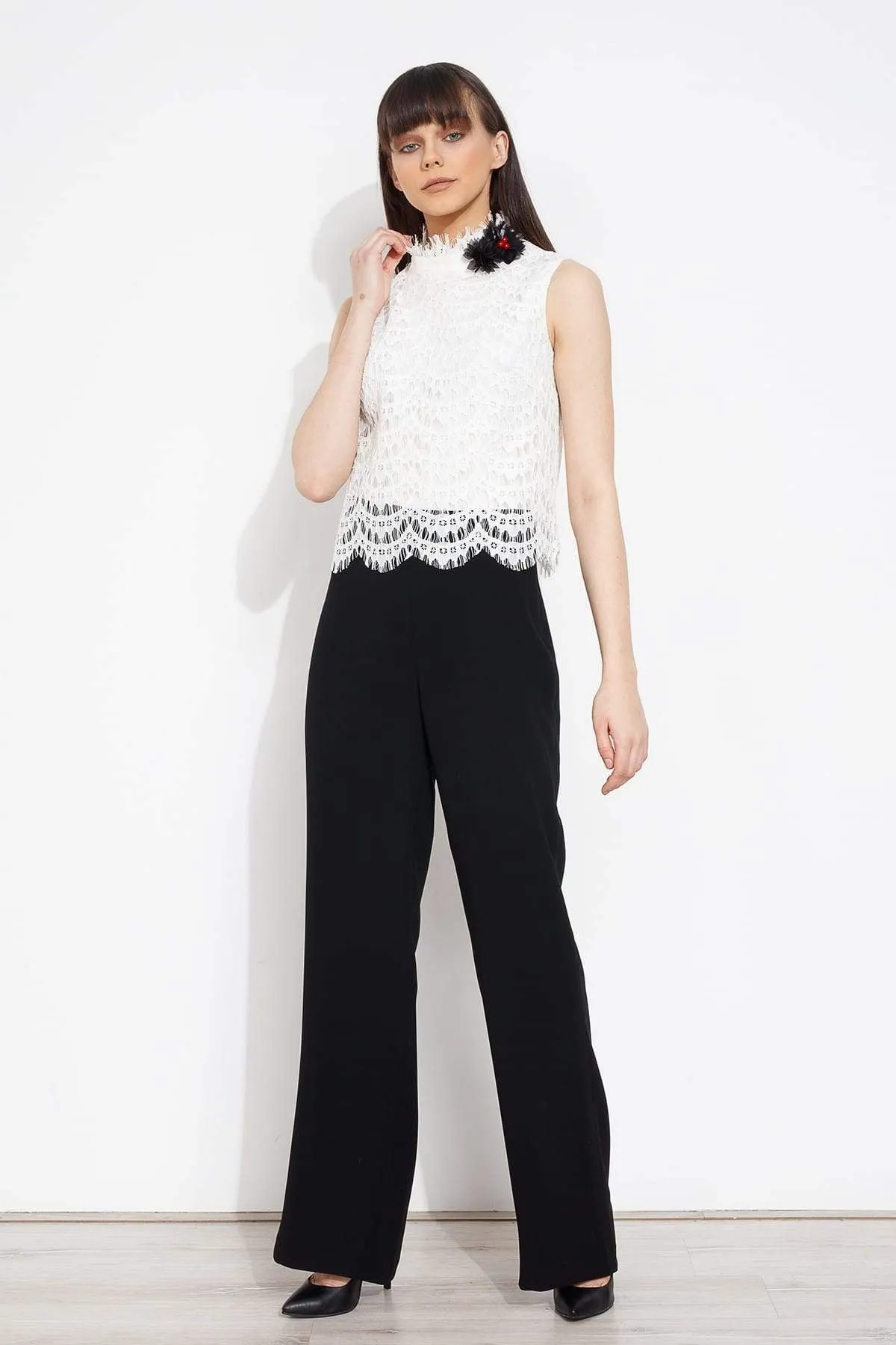 16226 Black-Ecru Lace Top Jumpsuit