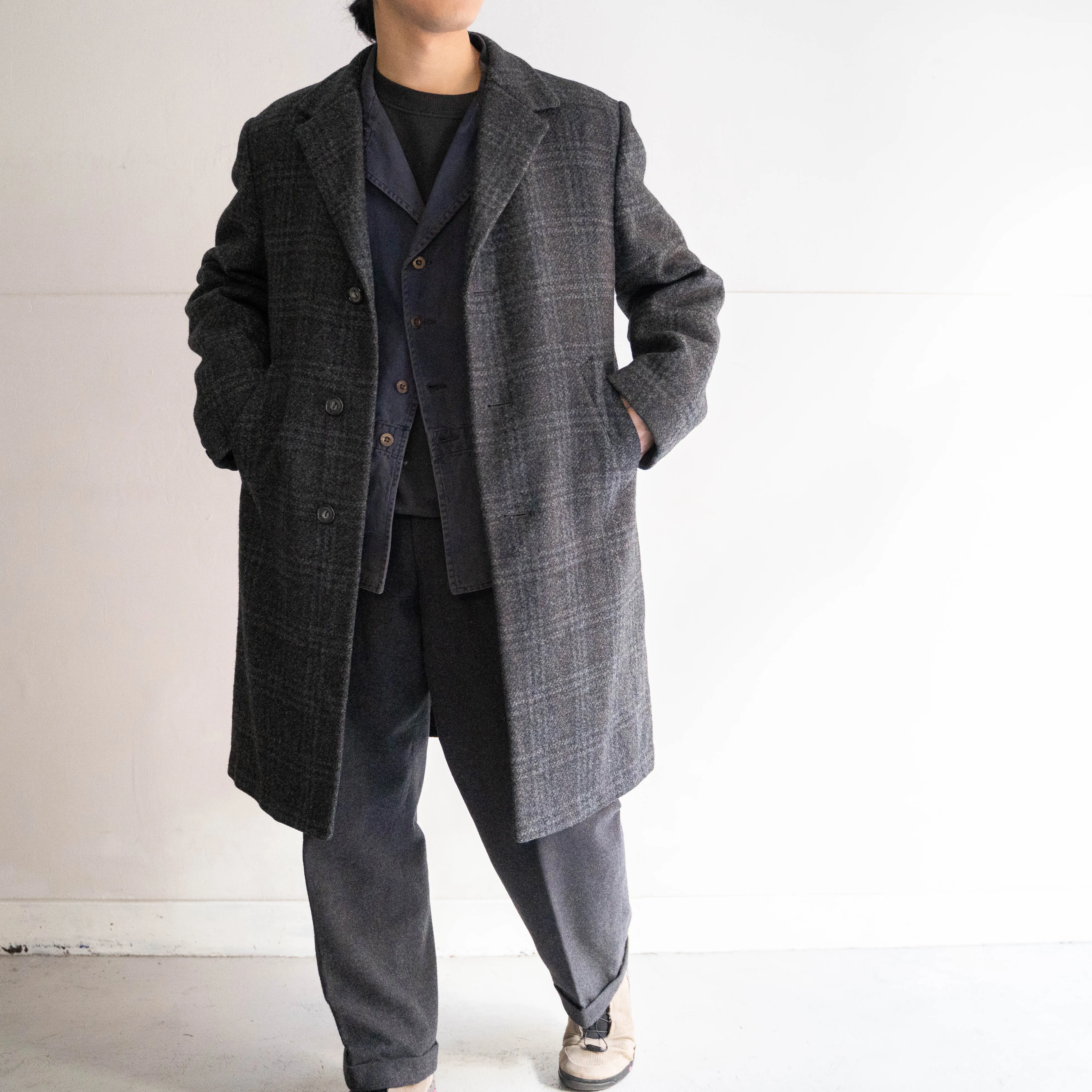 1970-80s France blue × gray checked wool coat