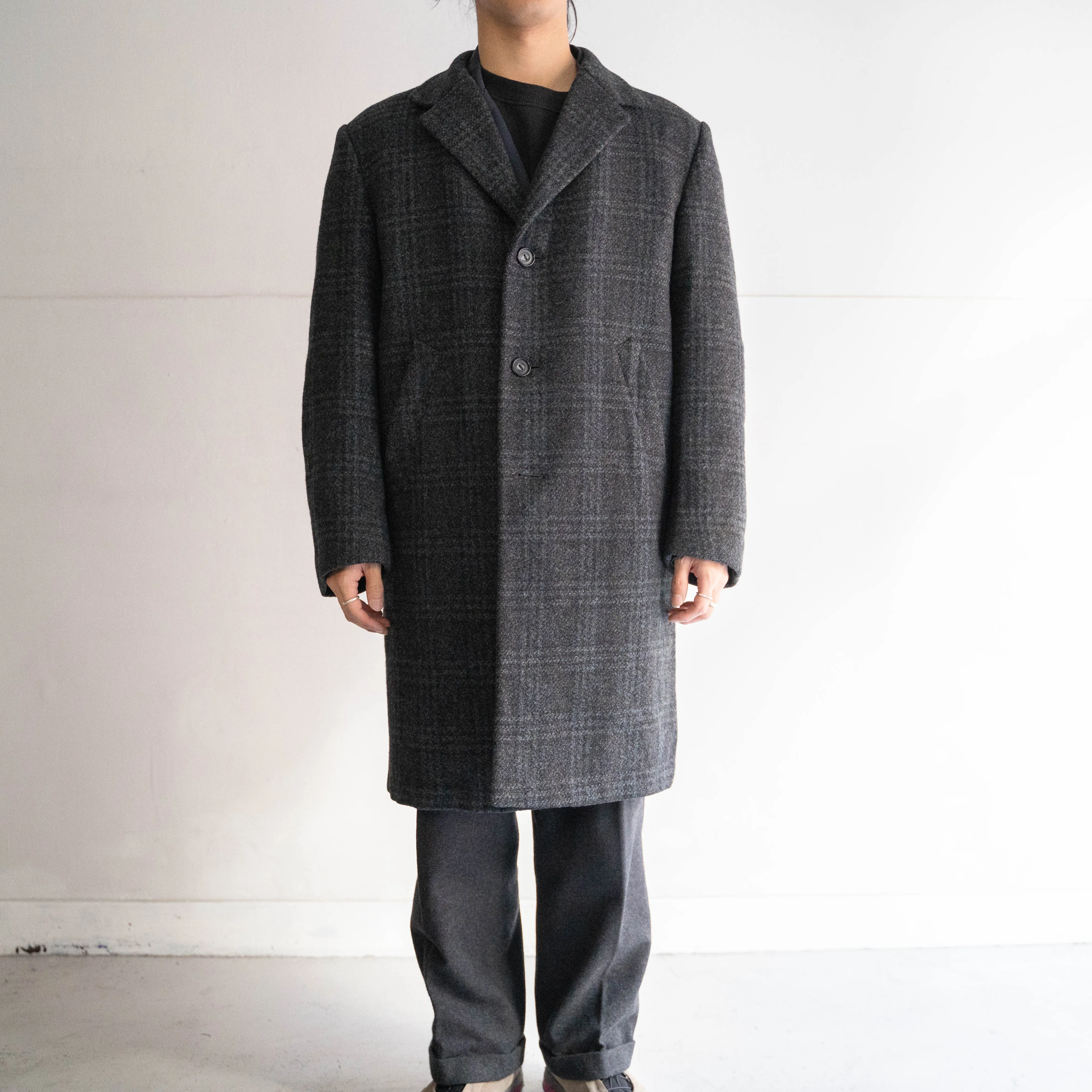 1970-80s France blue × gray checked wool coat