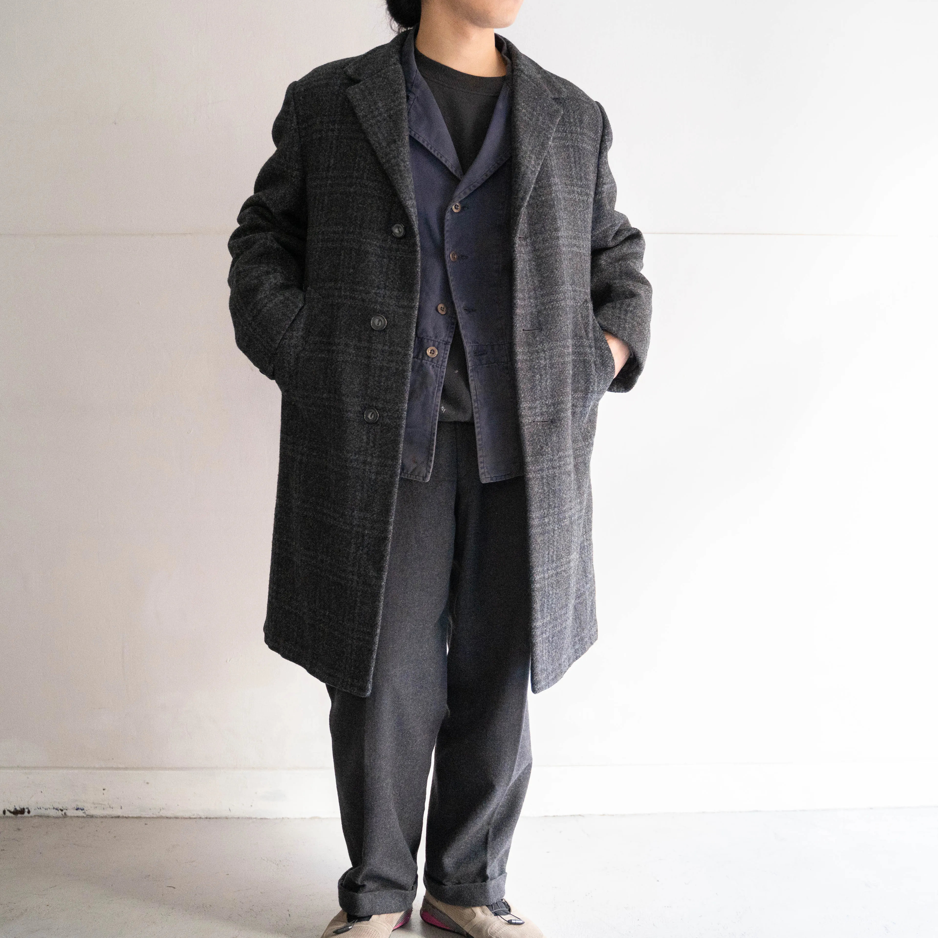 1970-80s France blue × gray checked wool coat