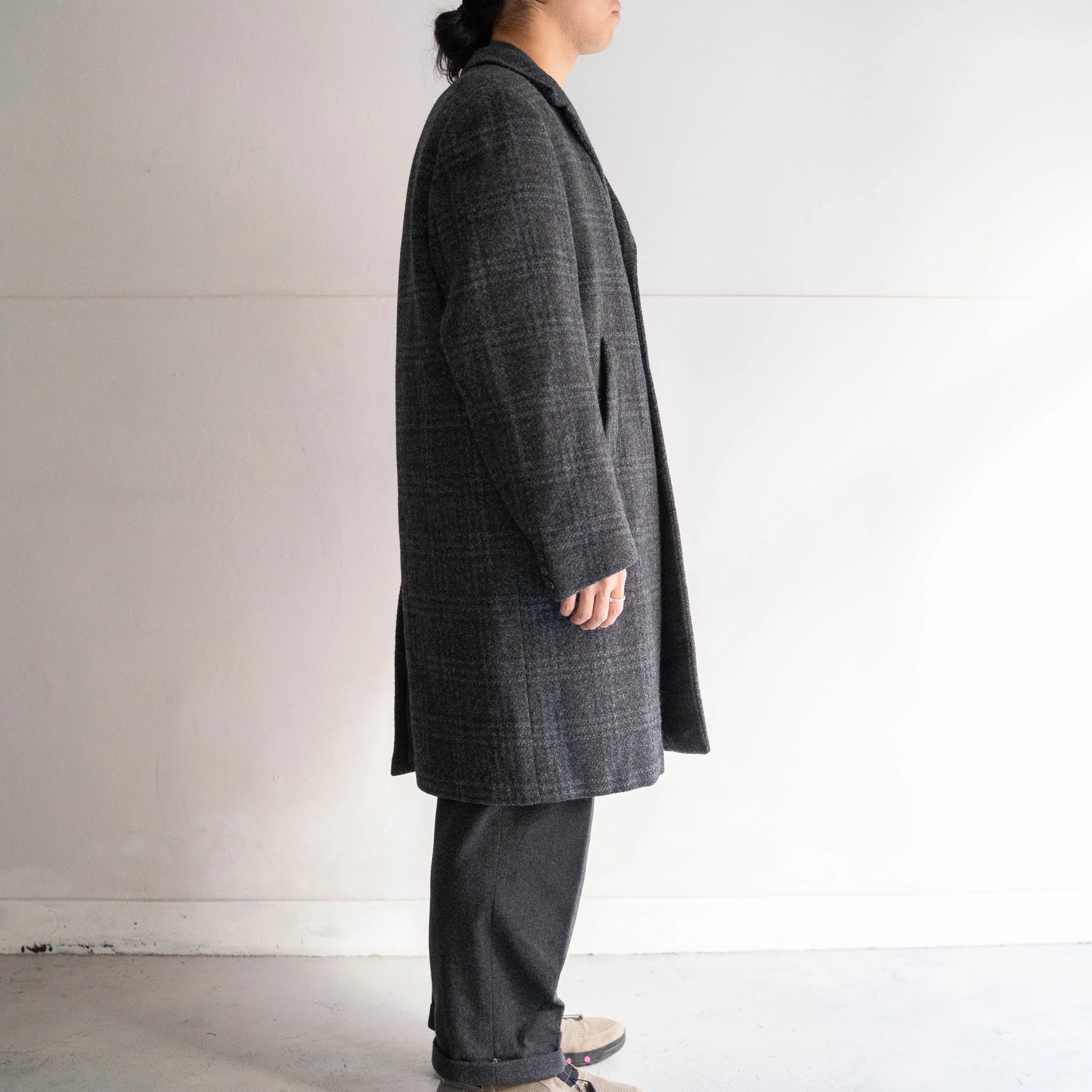 1970-80s France blue × gray checked wool coat