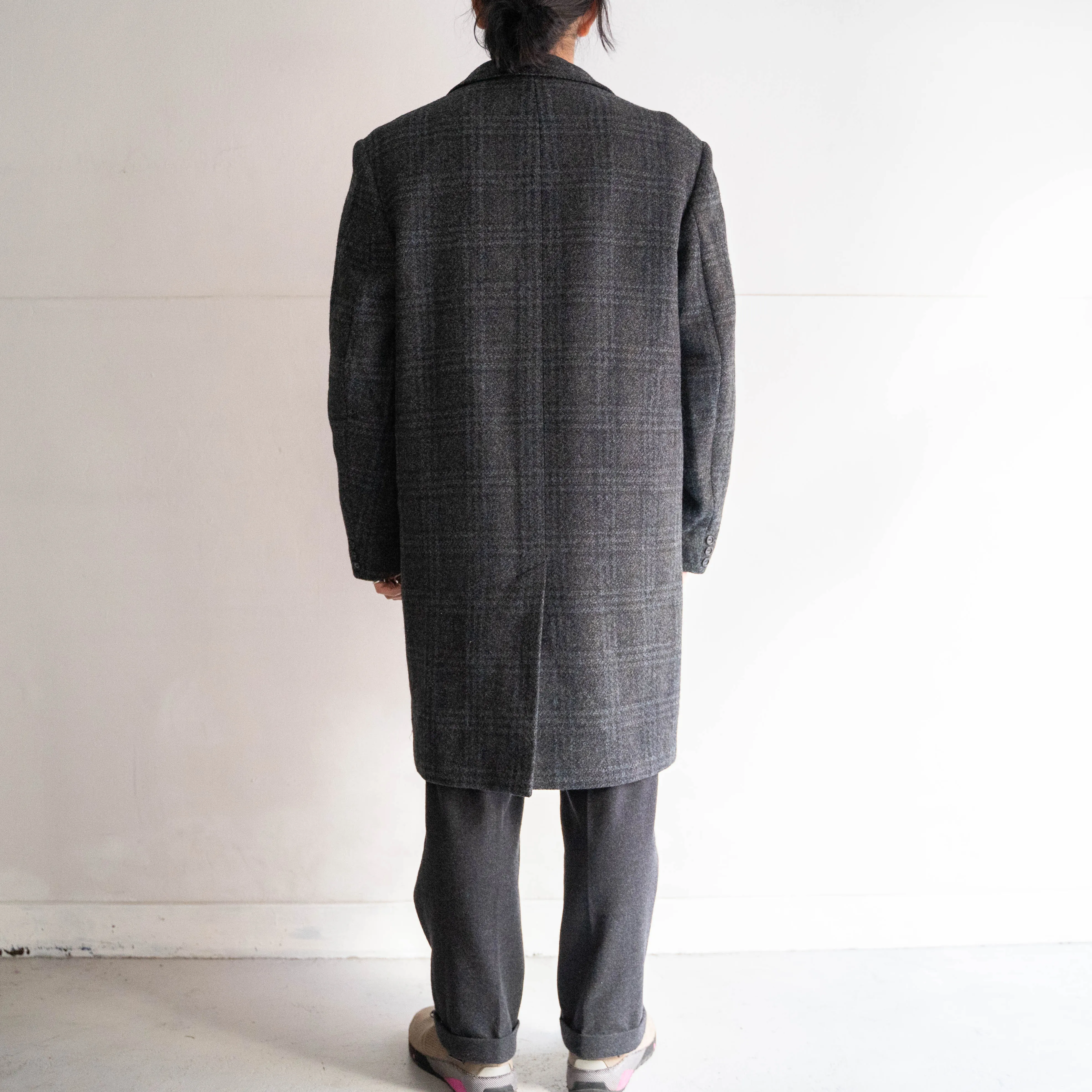 1970-80s France blue × gray checked wool coat