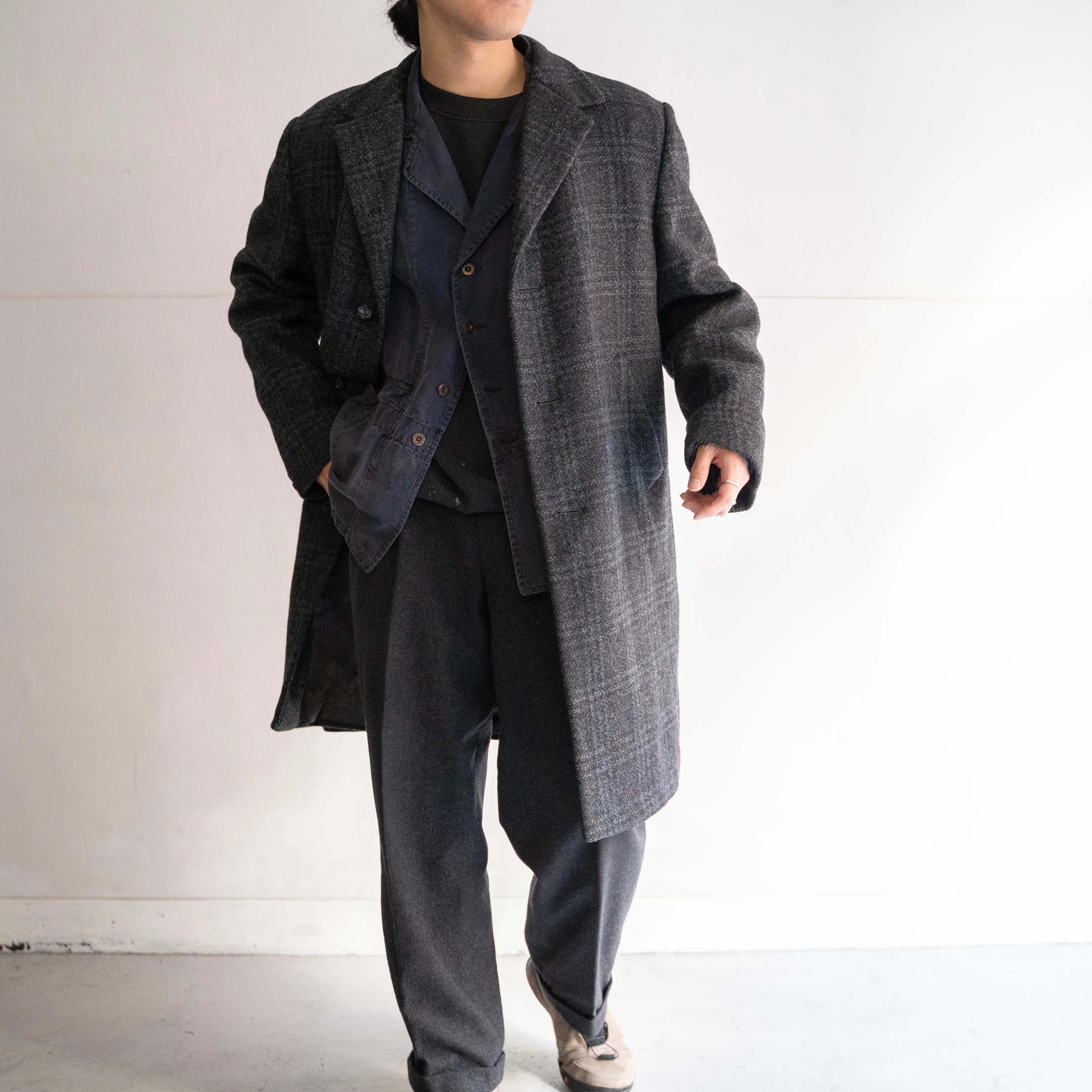 1970-80s France blue × gray checked wool coat
