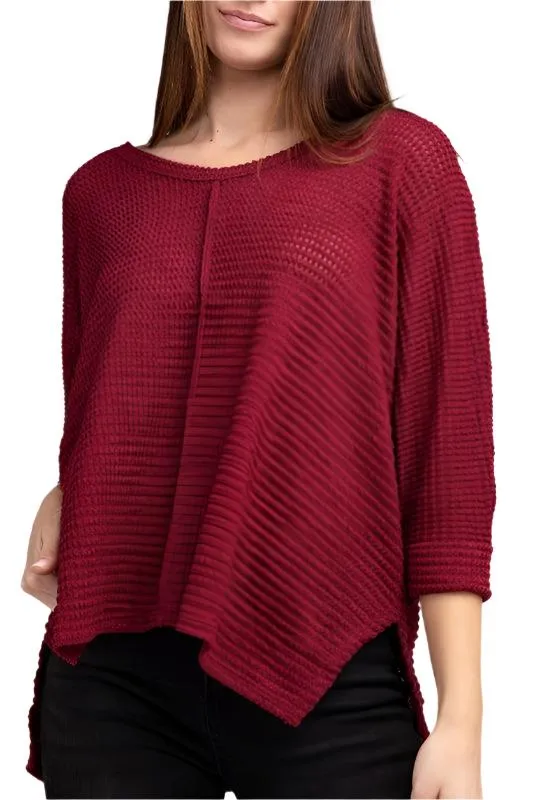 3/4 Sleeve V-Neck Hi-Low Hem Jacquard Sweater