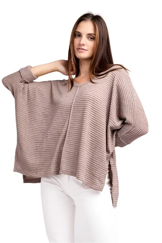 3/4 Sleeve V-Neck Hi-Low Hem Jacquard Sweater