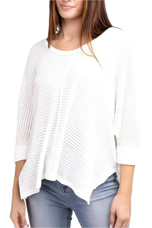 3/4 Sleeve V-Neck Hi-Low Hem Jacquard Sweater