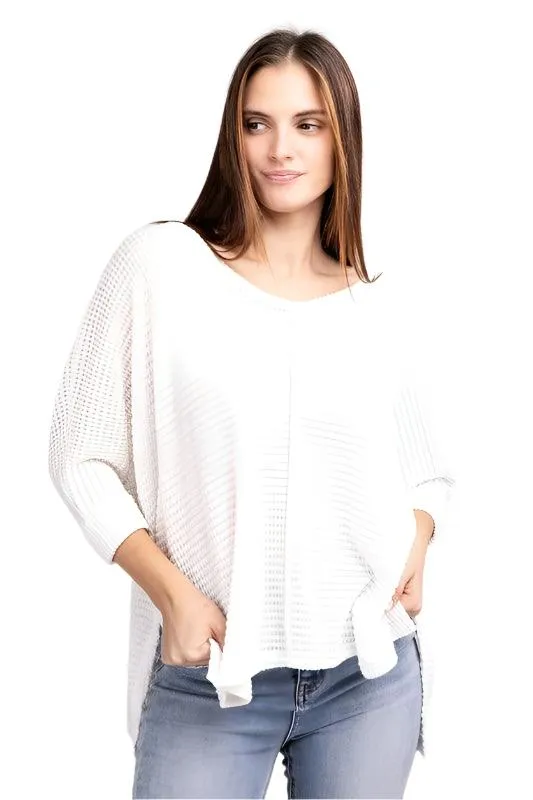 3/4 Sleeve V-Neck Hi-Low Hem Jacquard Sweater