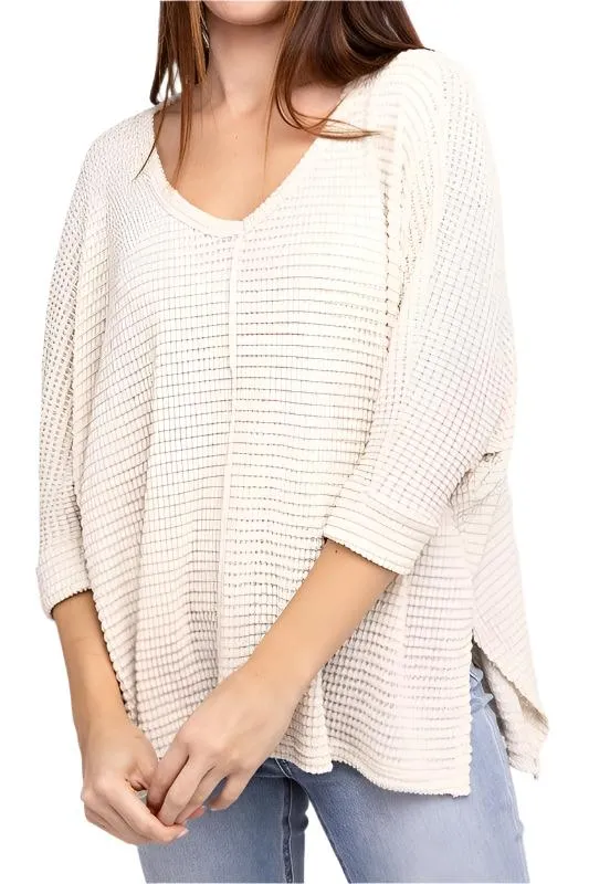 3/4 Sleeve V-Neck Hi-Low Hem Jacquard Sweater