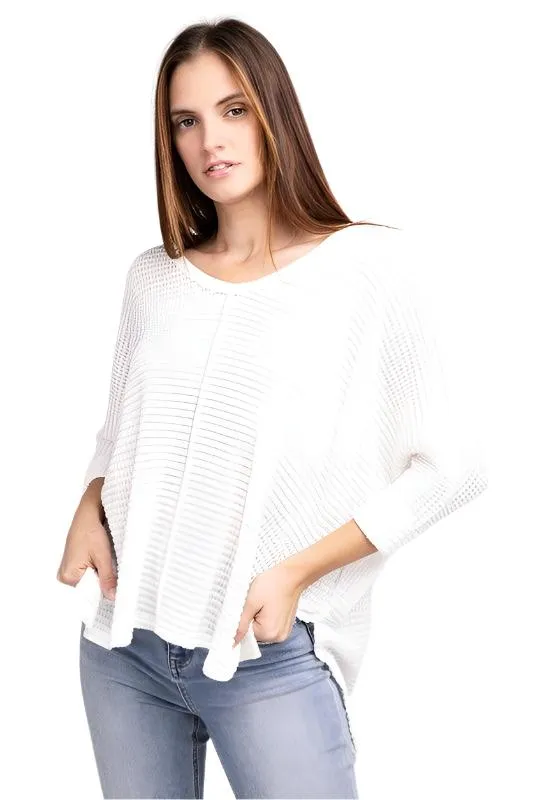 3/4 Sleeve V-Neck Hi-Low Hem Jacquard Sweater