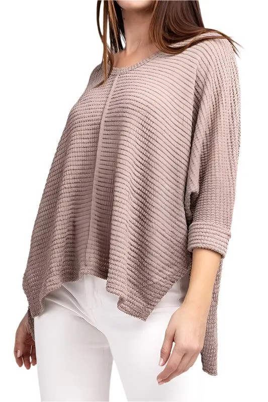 3/4 Sleeve V-Neck Hi-Low Hem Jacquard Sweater