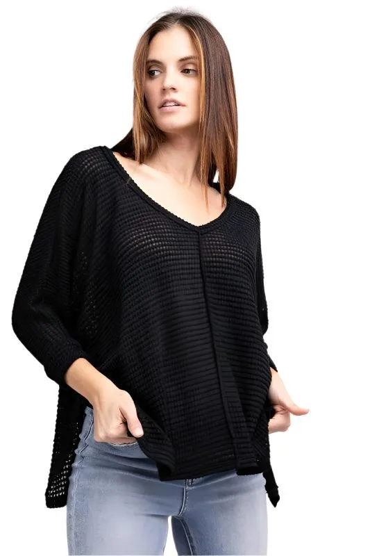3/4 Sleeve V-Neck Hi-Low Hem Jacquard Sweater