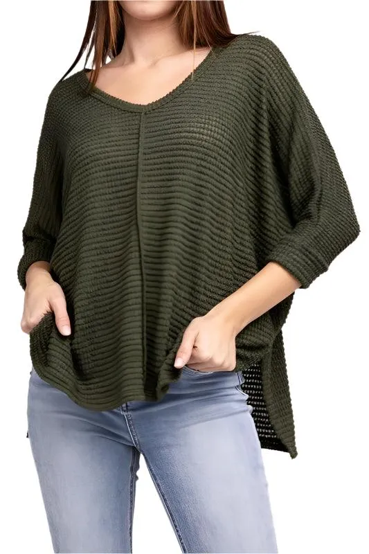3/4 Sleeve V-Neck Hi-Low Hem Jacquard Sweater