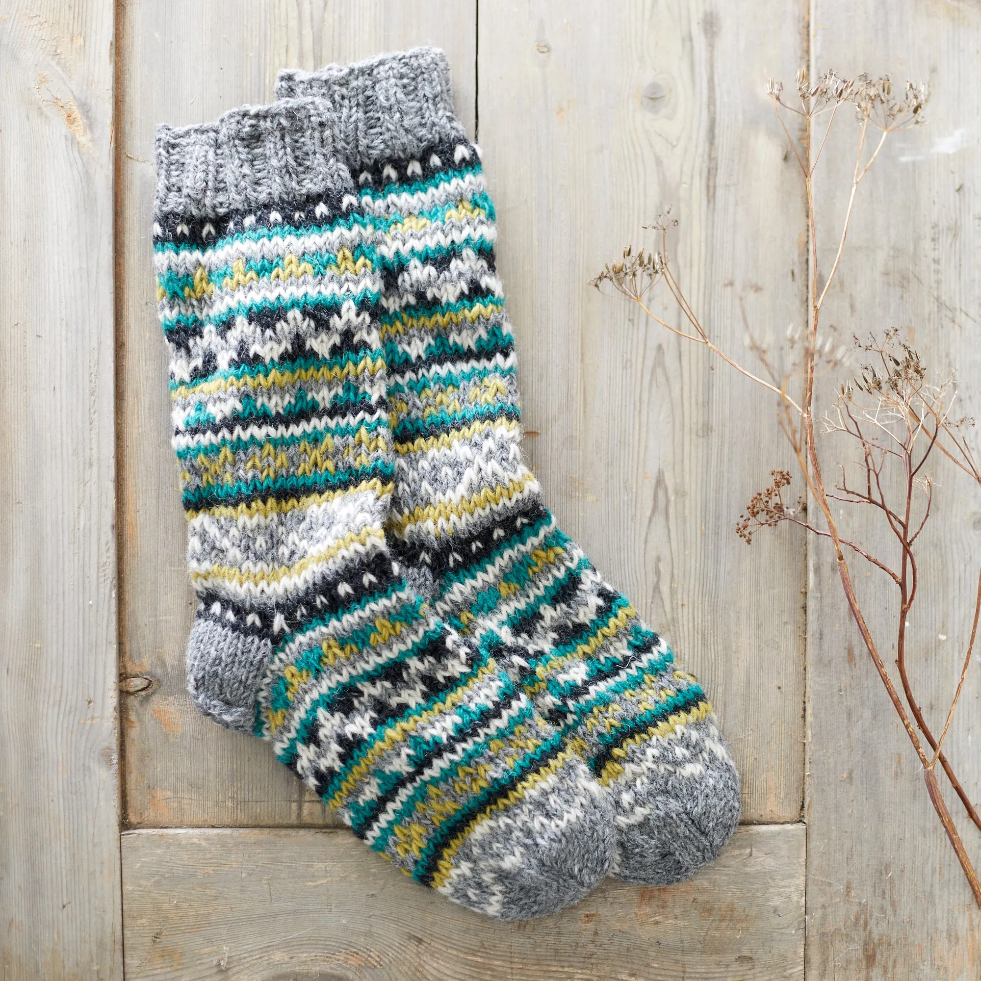 ANEKA Fair Isle Wool Jersey Lined Slipper Socks UK3-5