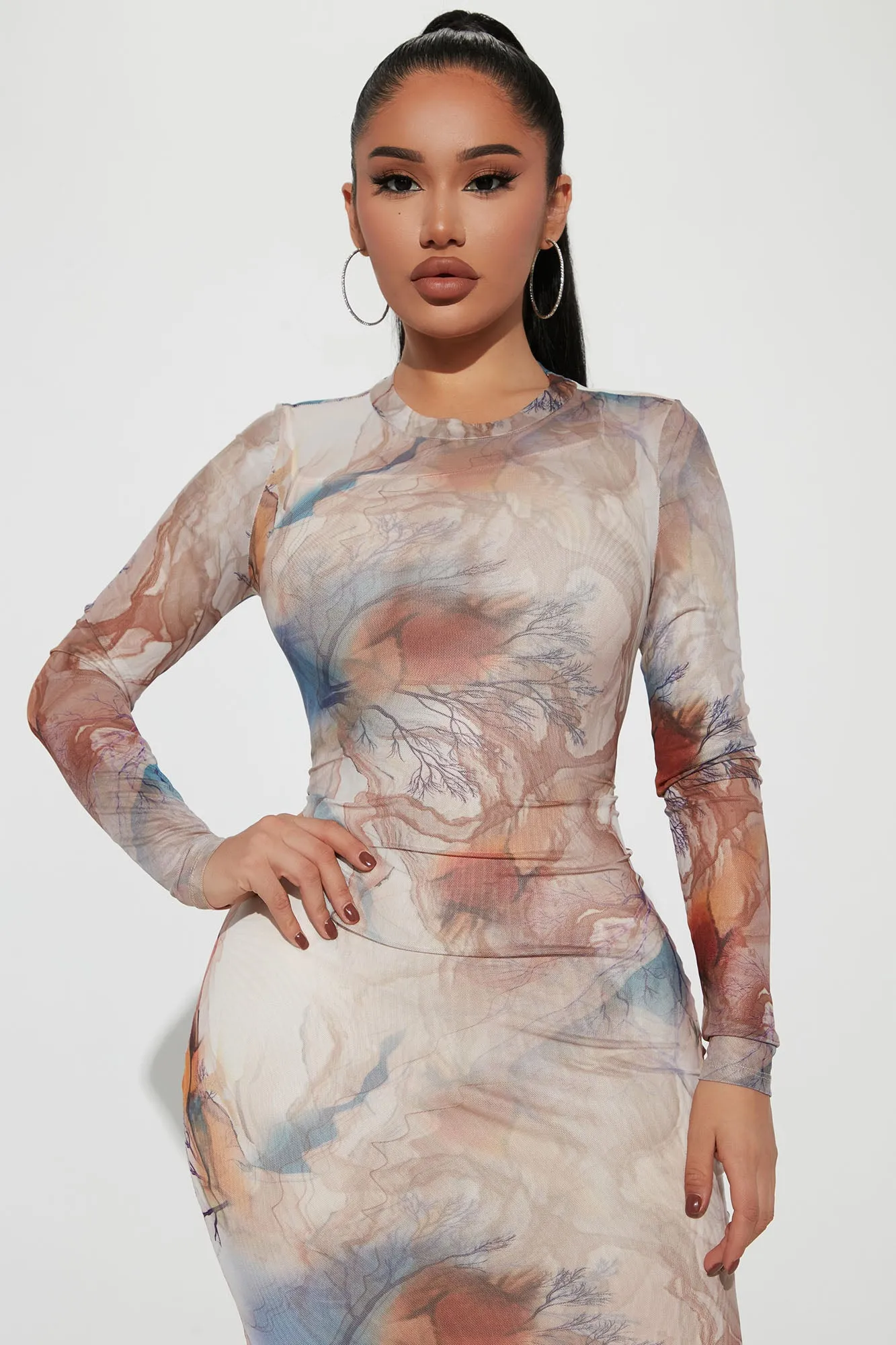 Aubree Mesh Midi Dress - Brown/combo