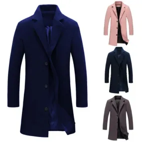 Autumn Winter Solid Slim Long Woolen Coat Men Single Breasted Lapel Jacket Overcoat Thin Business Trench Male Casual 9 Colors