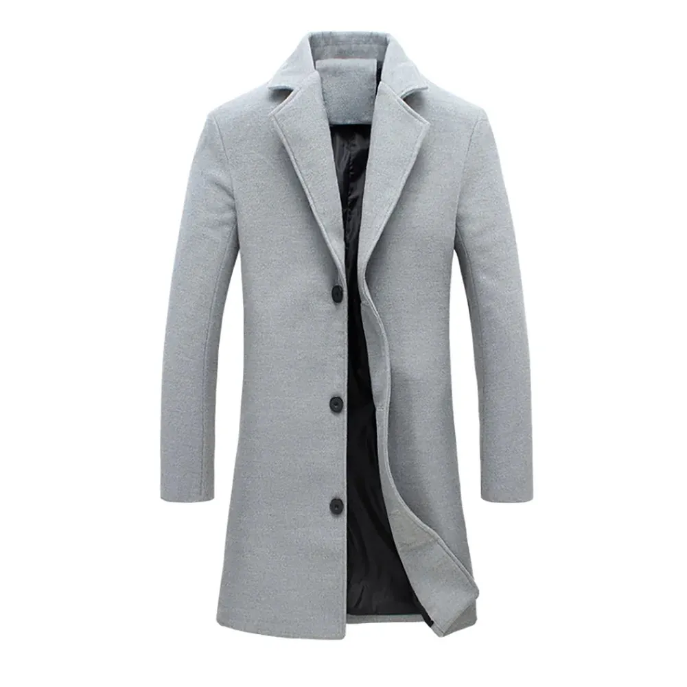 Autumn Winter Solid Slim Long Woolen Coat Men Single Breasted Lapel Jacket Overcoat Thin Business Trench Male Casual 9 Colors