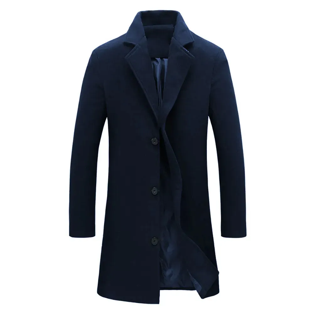 Autumn Winter Solid Slim Long Woolen Coat Men Single Breasted Lapel Jacket Overcoat Thin Business Trench Male Casual 9 Colors