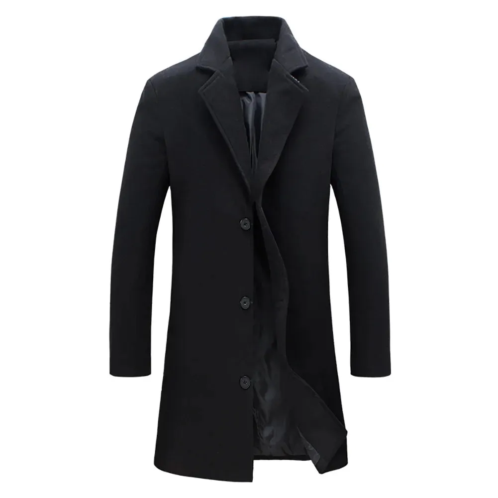 Autumn Winter Solid Slim Long Woolen Coat Men Single Breasted Lapel Jacket Overcoat Thin Business Trench Male Casual 9 Colors