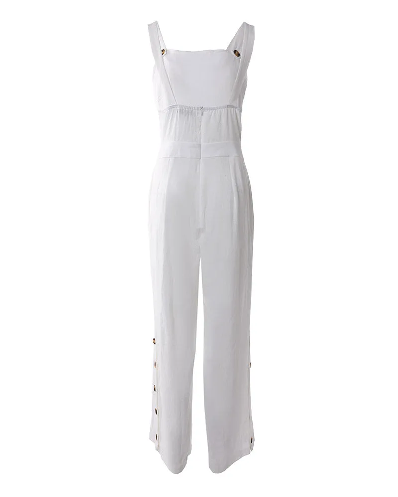 Buttoned Pocket Design Wide Leg Suspender Jumpsuit