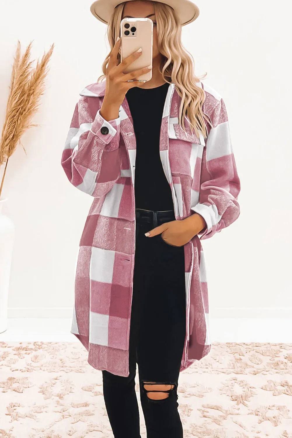 Chestnut Plaid Button-Down Flap Pocket Long Shacket