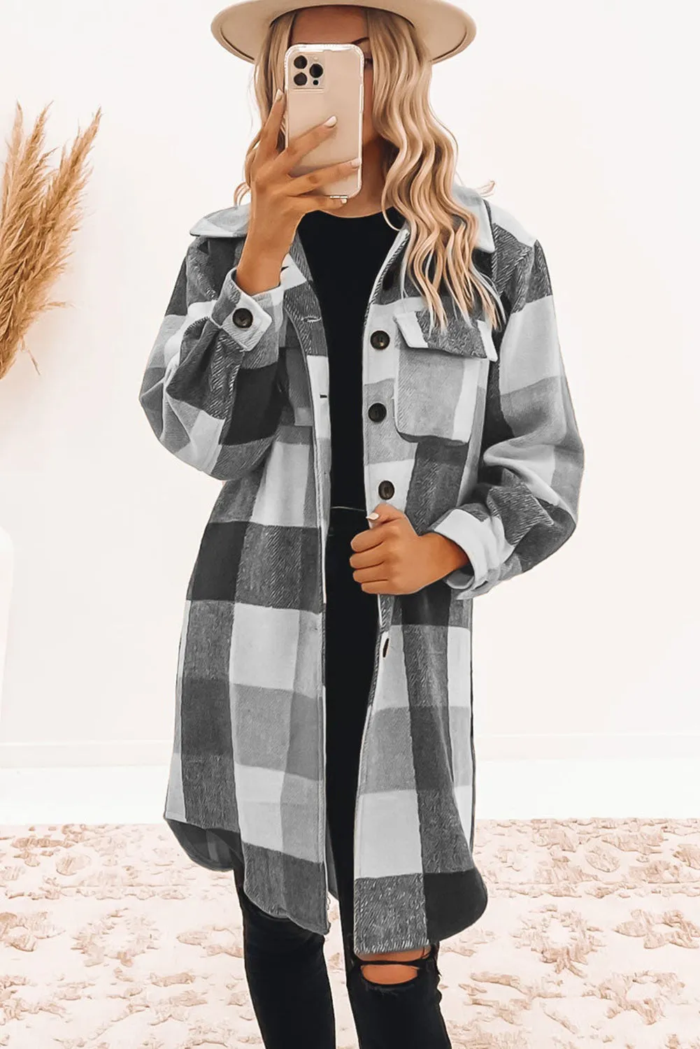 Chestnut Plaid Button-Down Flap Pocket Long Shacket
