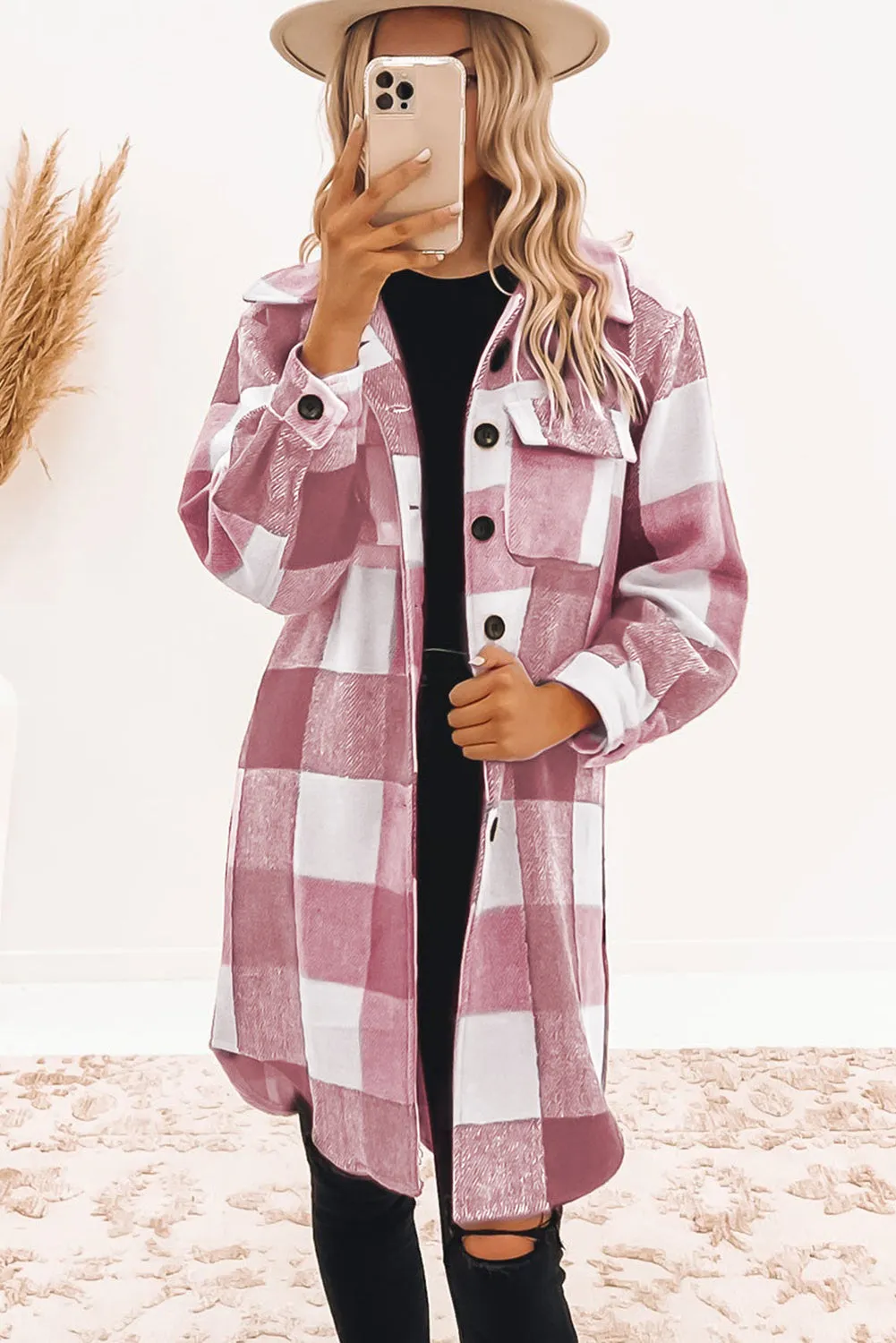 Chestnut Plaid Button-Down Flap Pocket Long Shacket