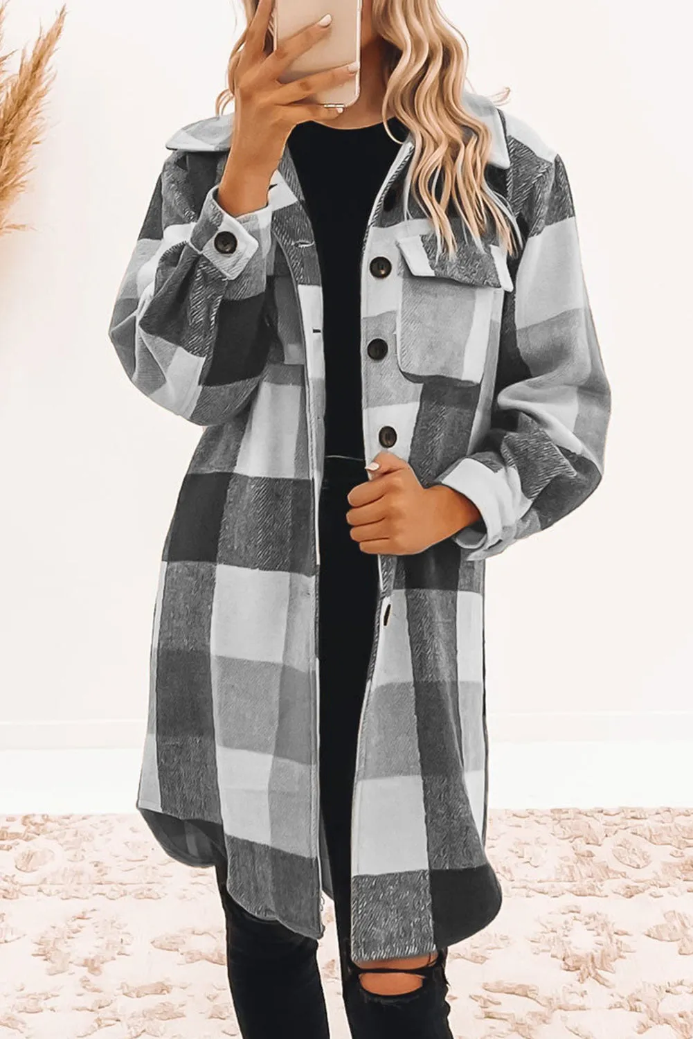 Chestnut Plaid Button-Down Flap Pocket Long Shacket