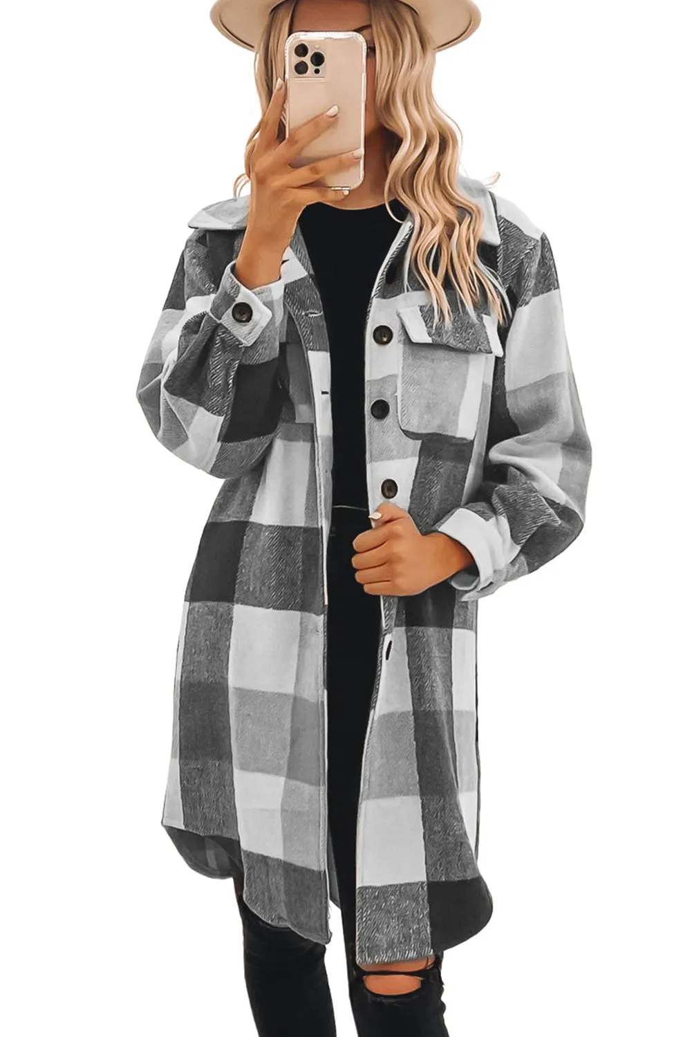 Chestnut Plaid Button-Down Flap Pocket Long Shacket