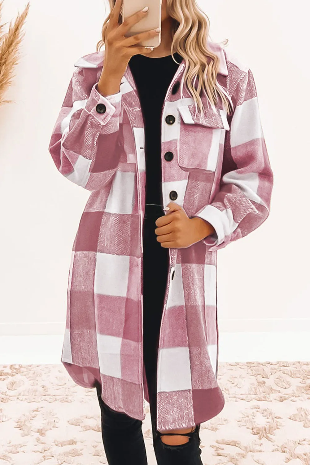 Chestnut Plaid Button-Down Flap Pocket Long Shacket