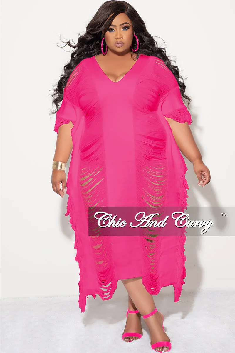 Final Sale Plus Size Distressed Sweater Midi Fringe Dress in Pink