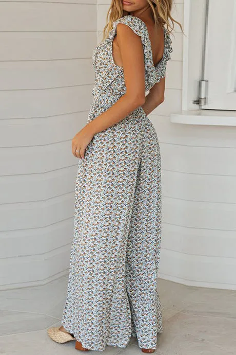 Floral Sleeveless Wide Leg Lace-up Jumpsuit