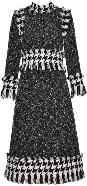 Fringed Tweed Houndstooth Paneled Dress