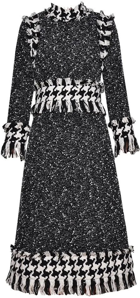 Fringed Tweed Houndstooth Paneled Dress