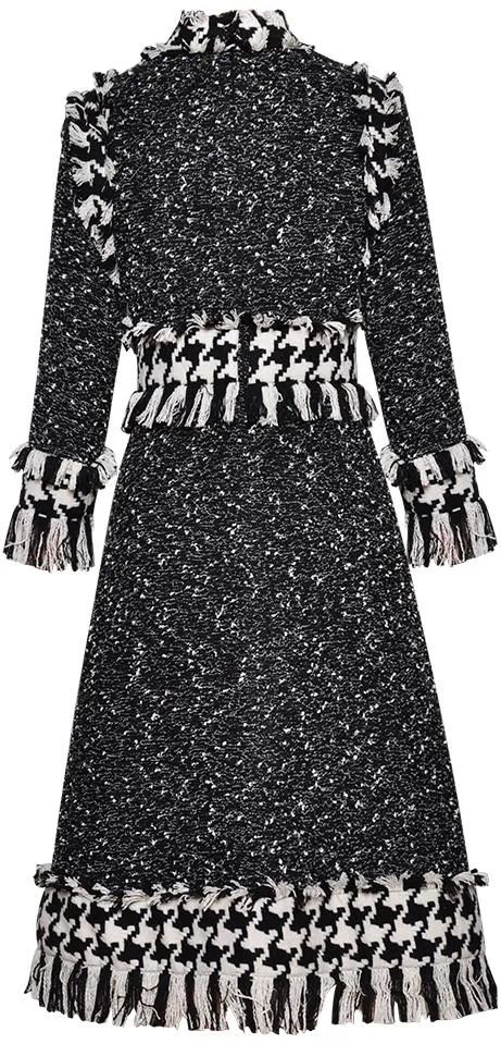 Fringed Tweed Houndstooth Paneled Dress