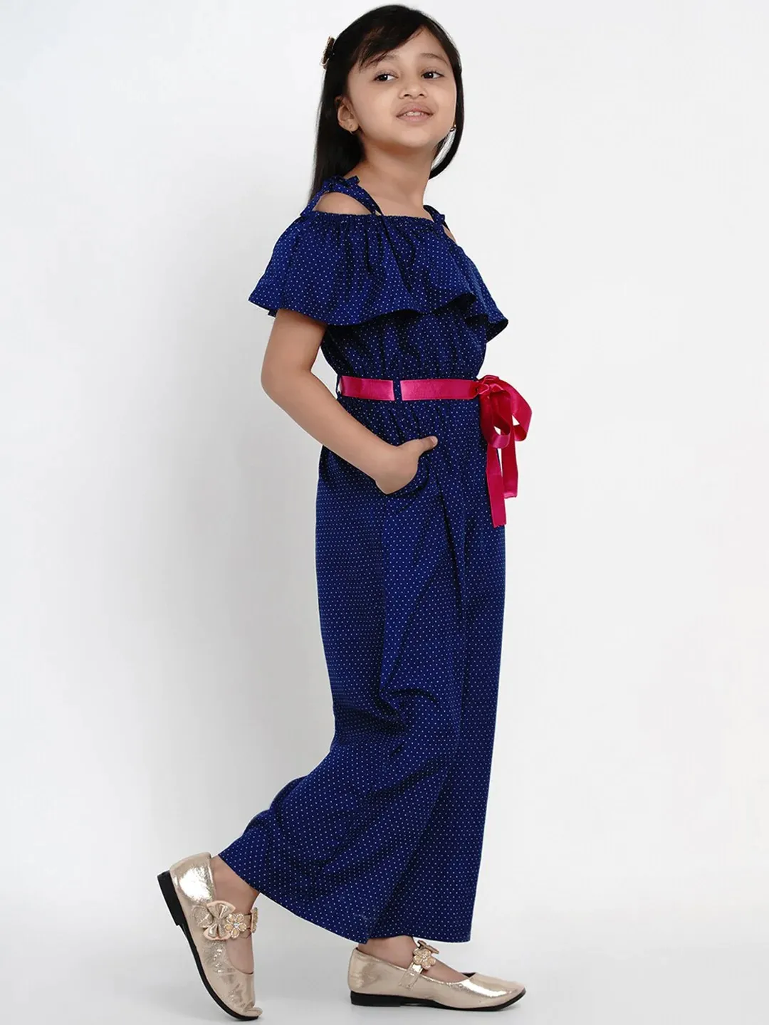 Girl's Blue Self Design Basic Jumpsuit - Bitiya By Bhama