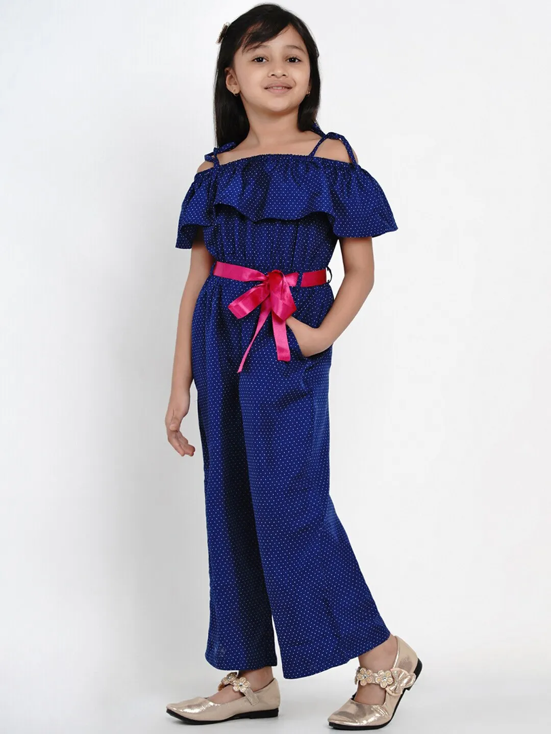 Girl's Blue Self Design Basic Jumpsuit - Bitiya By Bhama