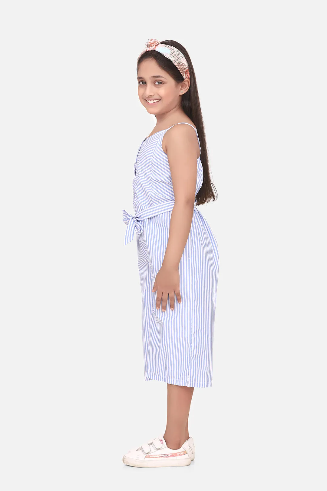 Girl's  Cotton Blend Blue Stripe 3/4Th Jumpsuit - StyleStone Kid