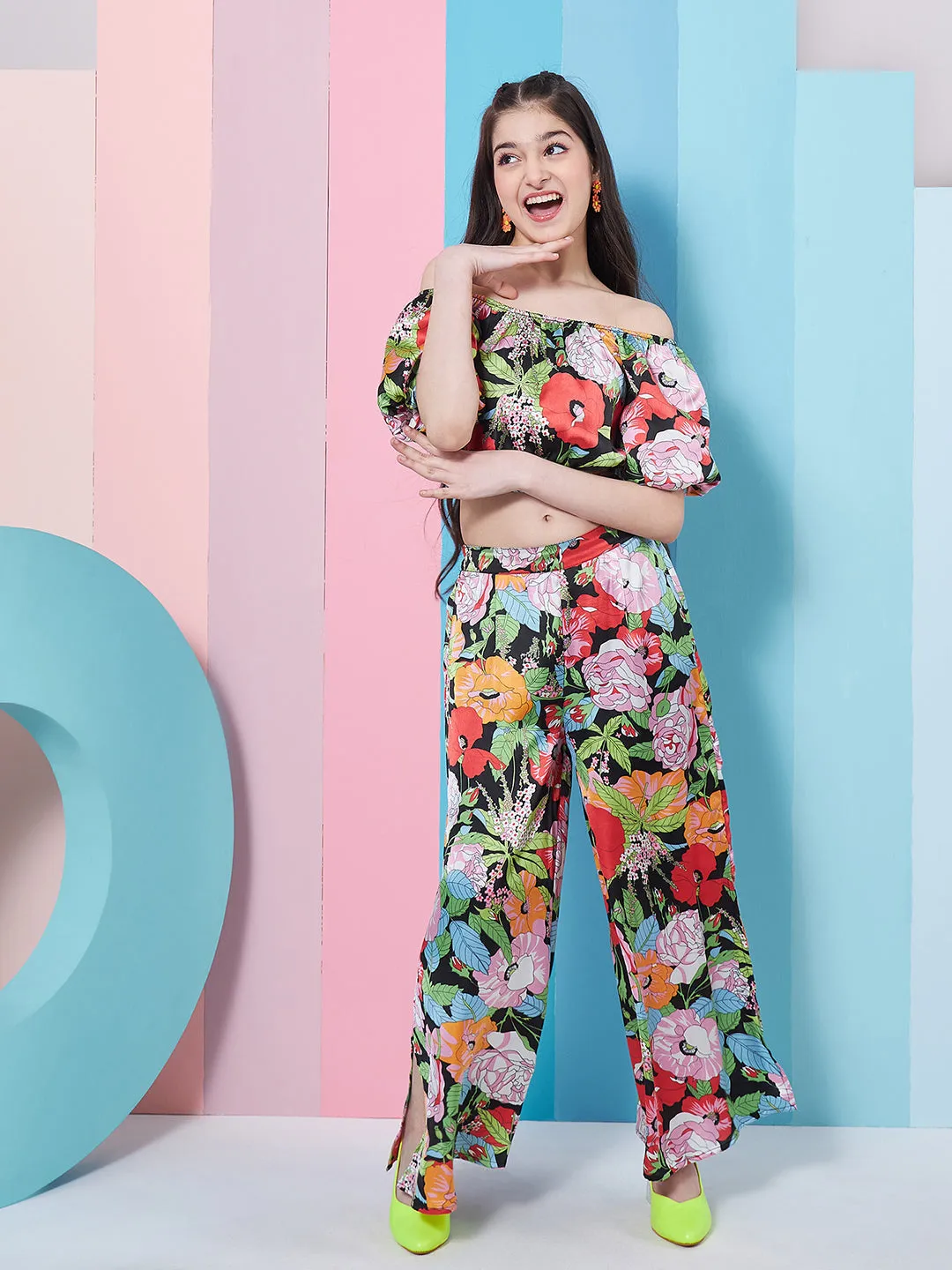Girls Floral Printed Top With Trousers - PS Peaches