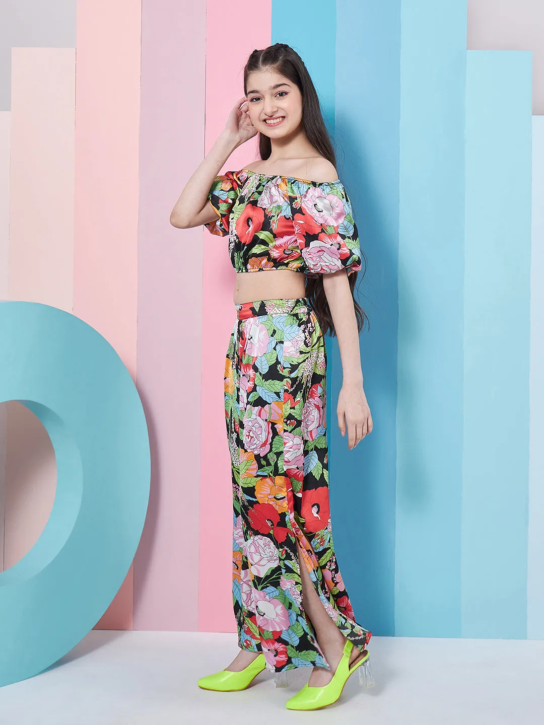 Girls Floral Printed Top With Trousers - PS Peaches