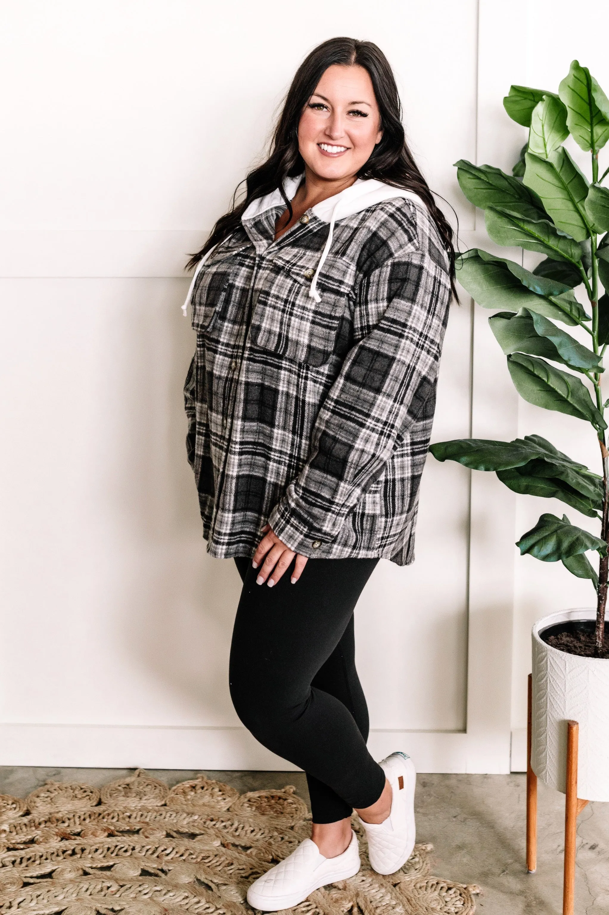 Hooded Flannel Shacket In Grey Plaid