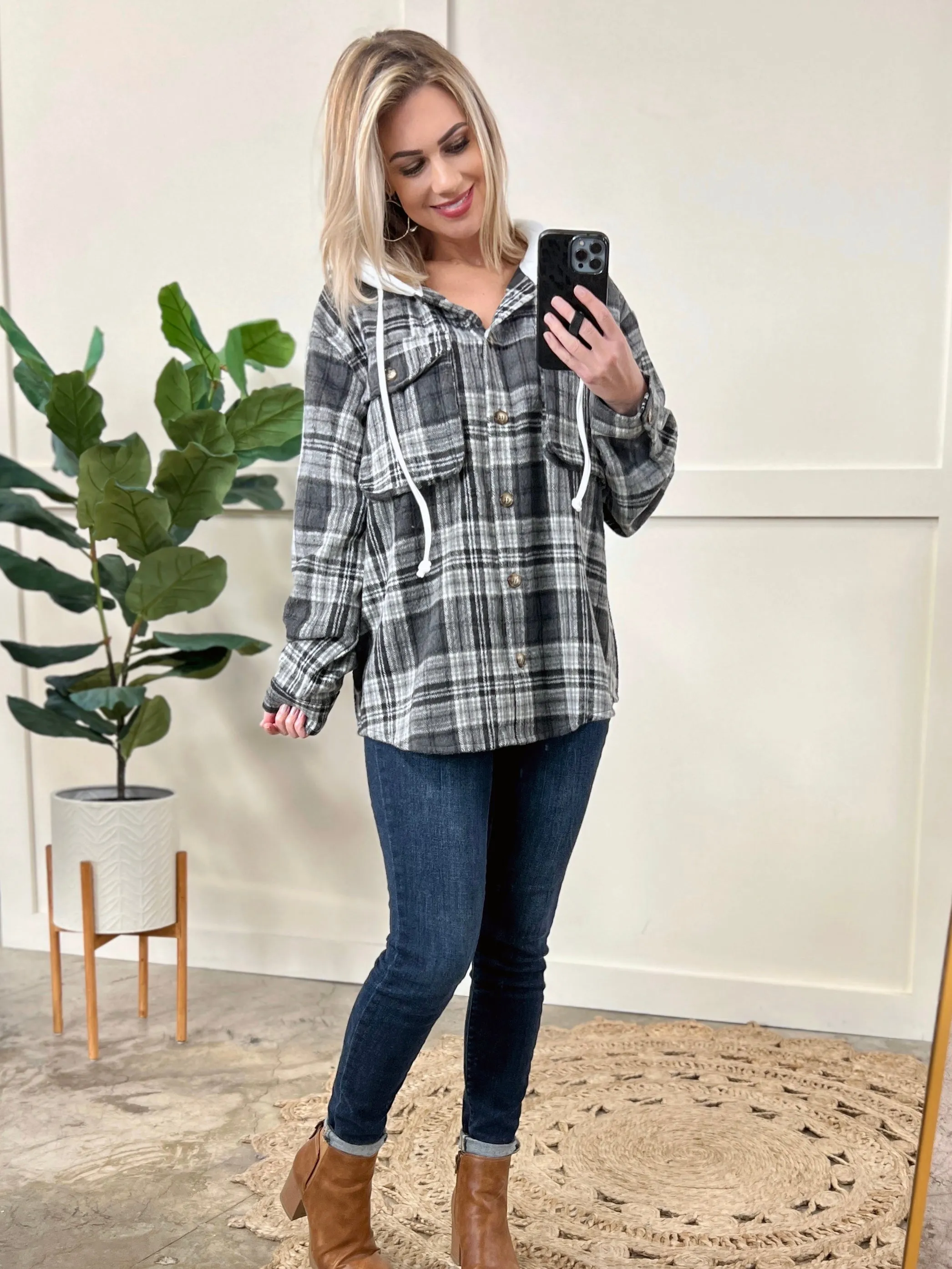 Hooded Flannel Shacket In Grey Plaid