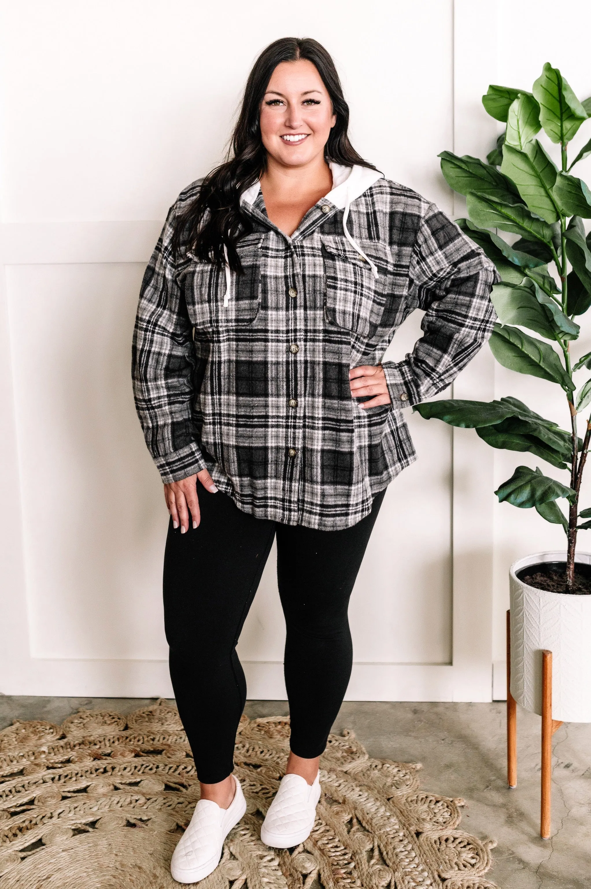 Hooded Flannel Shacket In Grey Plaid