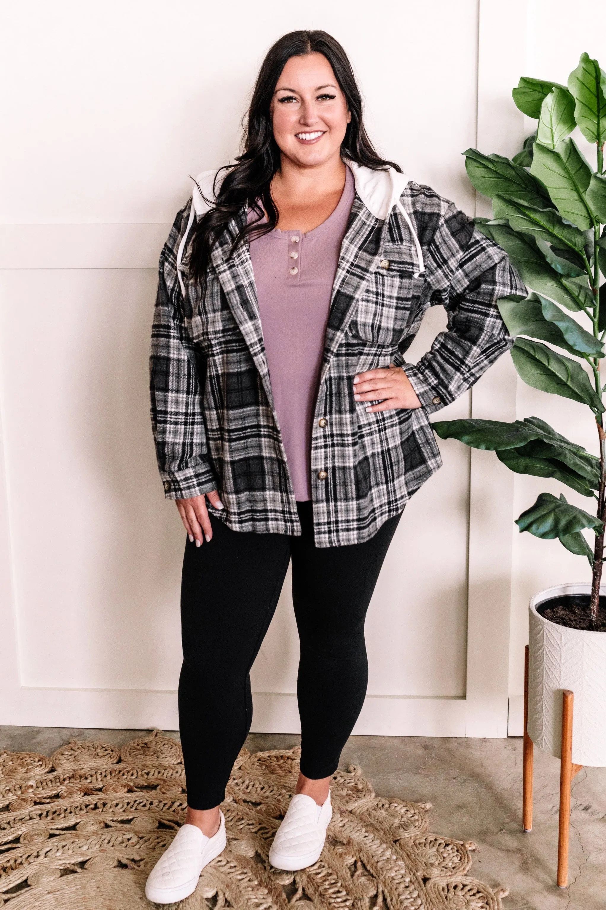 Hooded Flannel Shacket In Grey Plaid