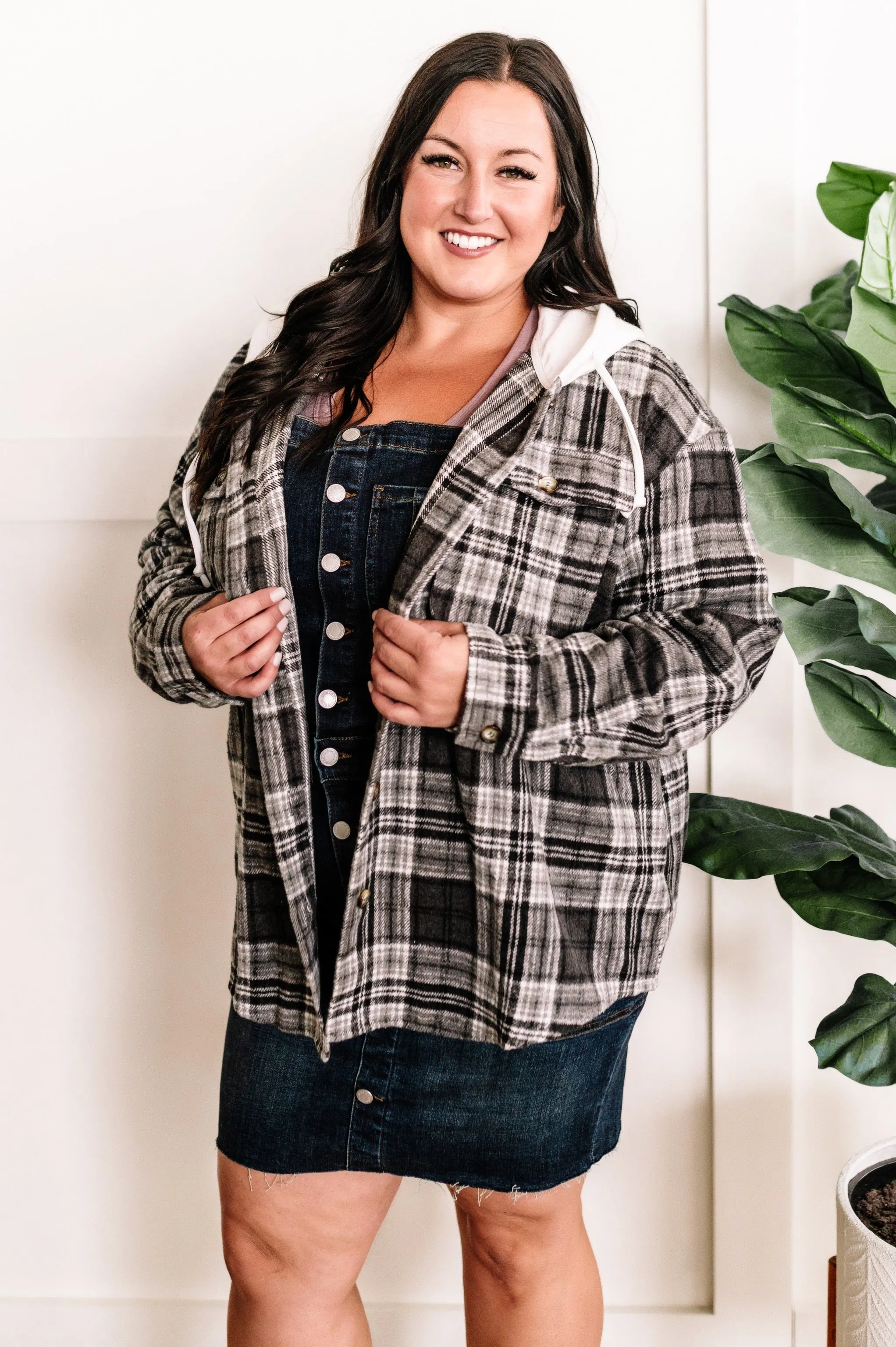 Hooded Flannel Shacket In Grey Plaid