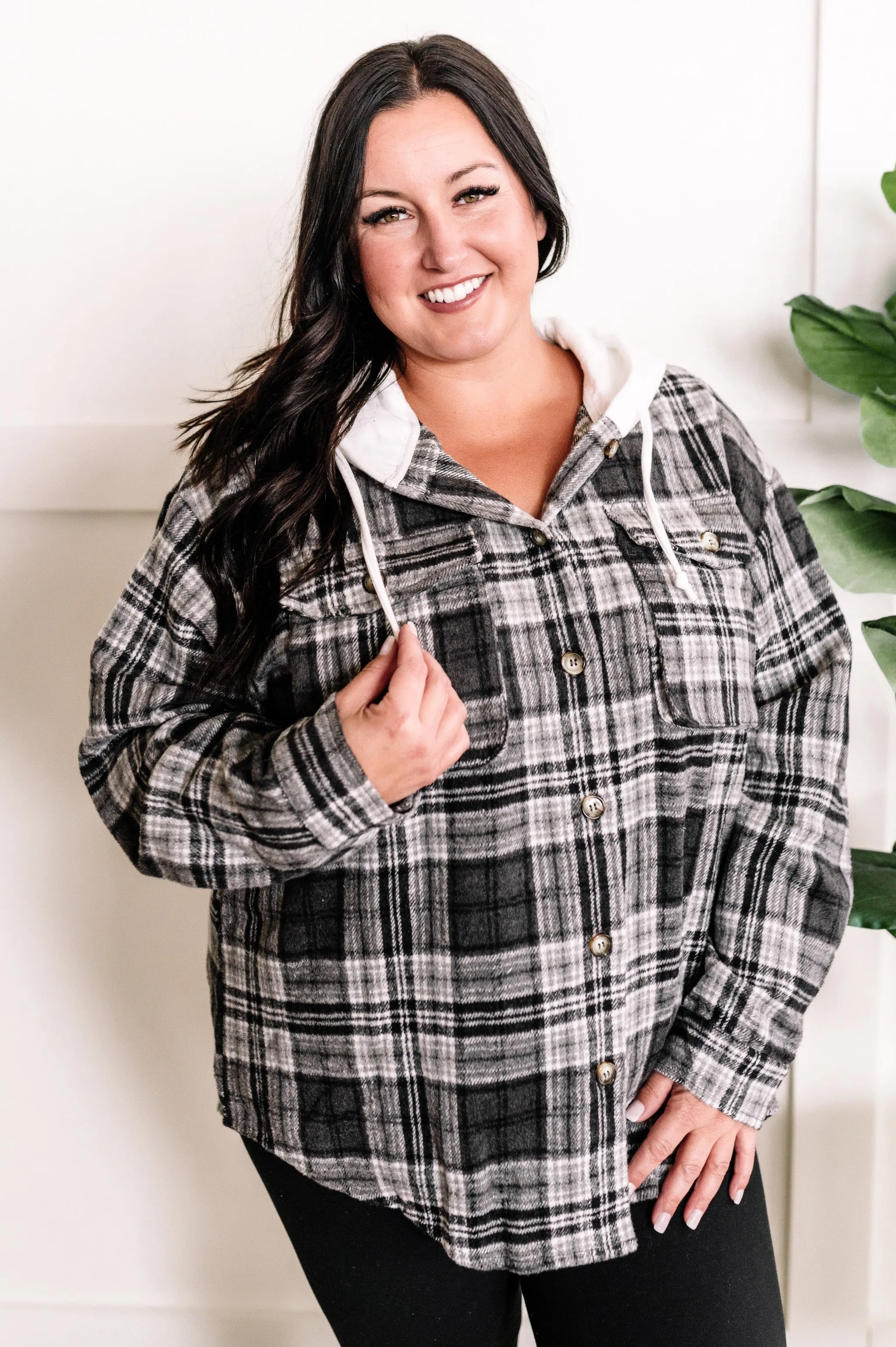 Hooded Flannel Shacket In Grey Plaid