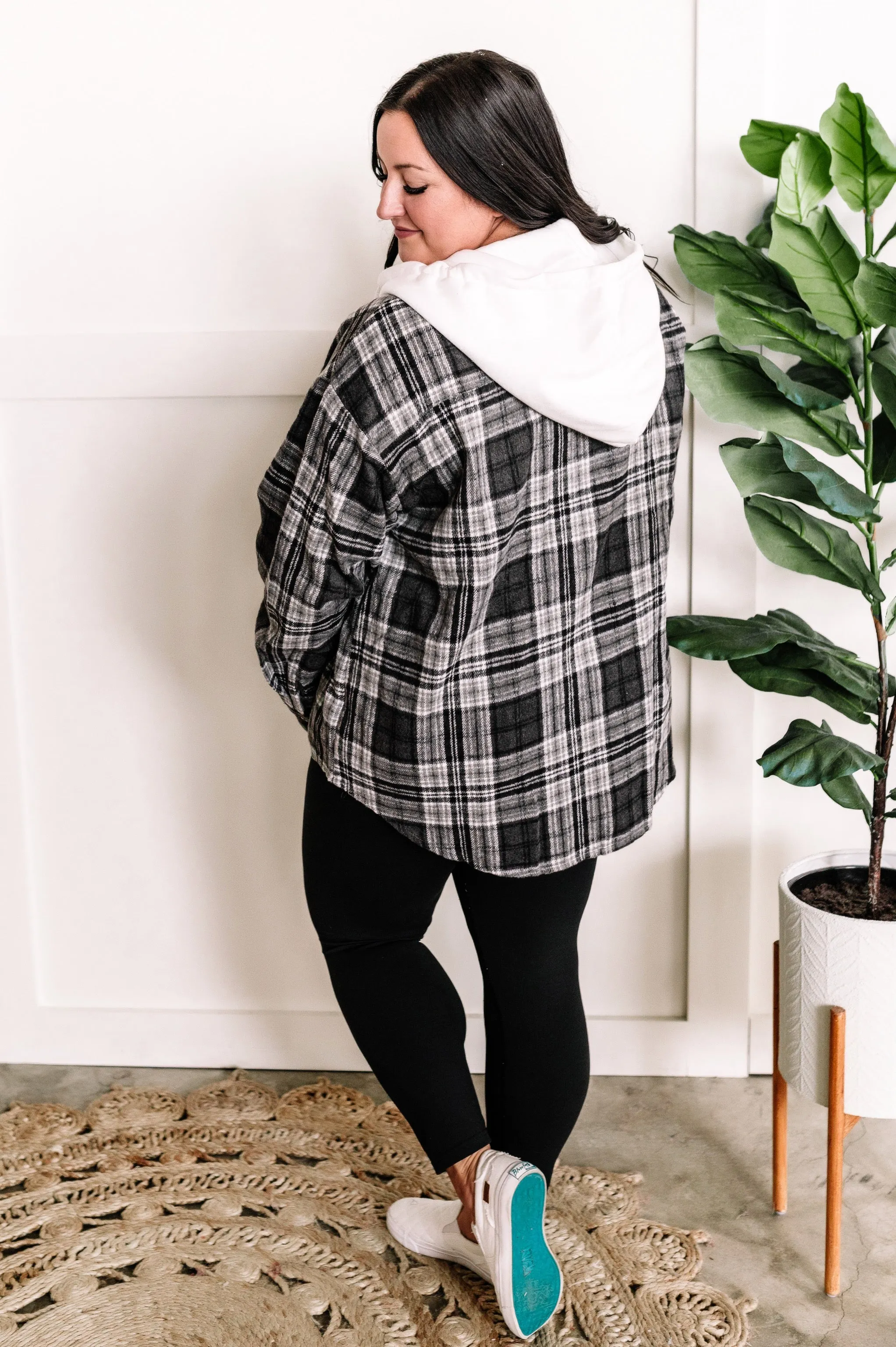 Hooded Flannel Shacket In Grey Plaid