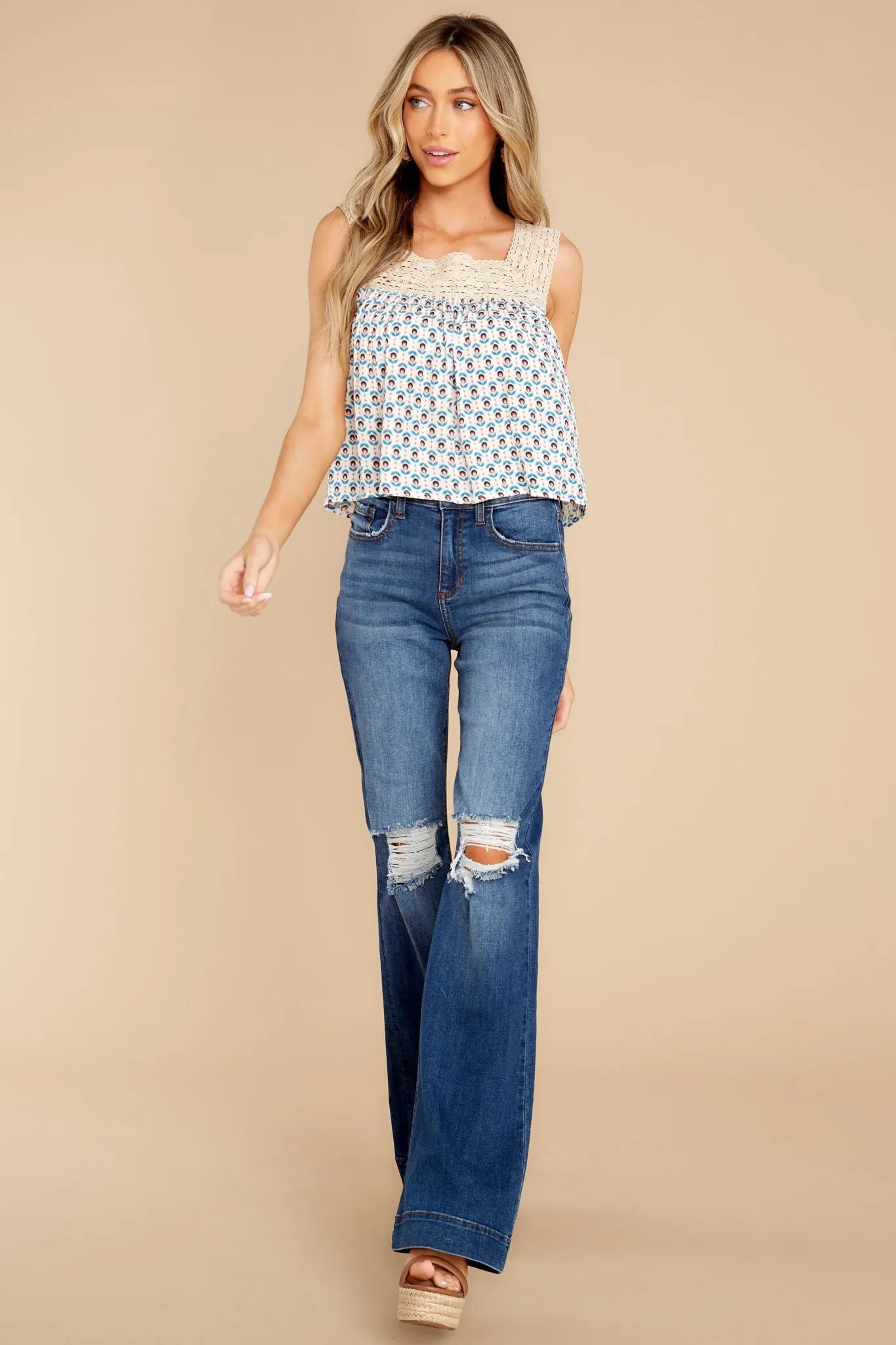Hotel California Egret Royal Blue Lace Top