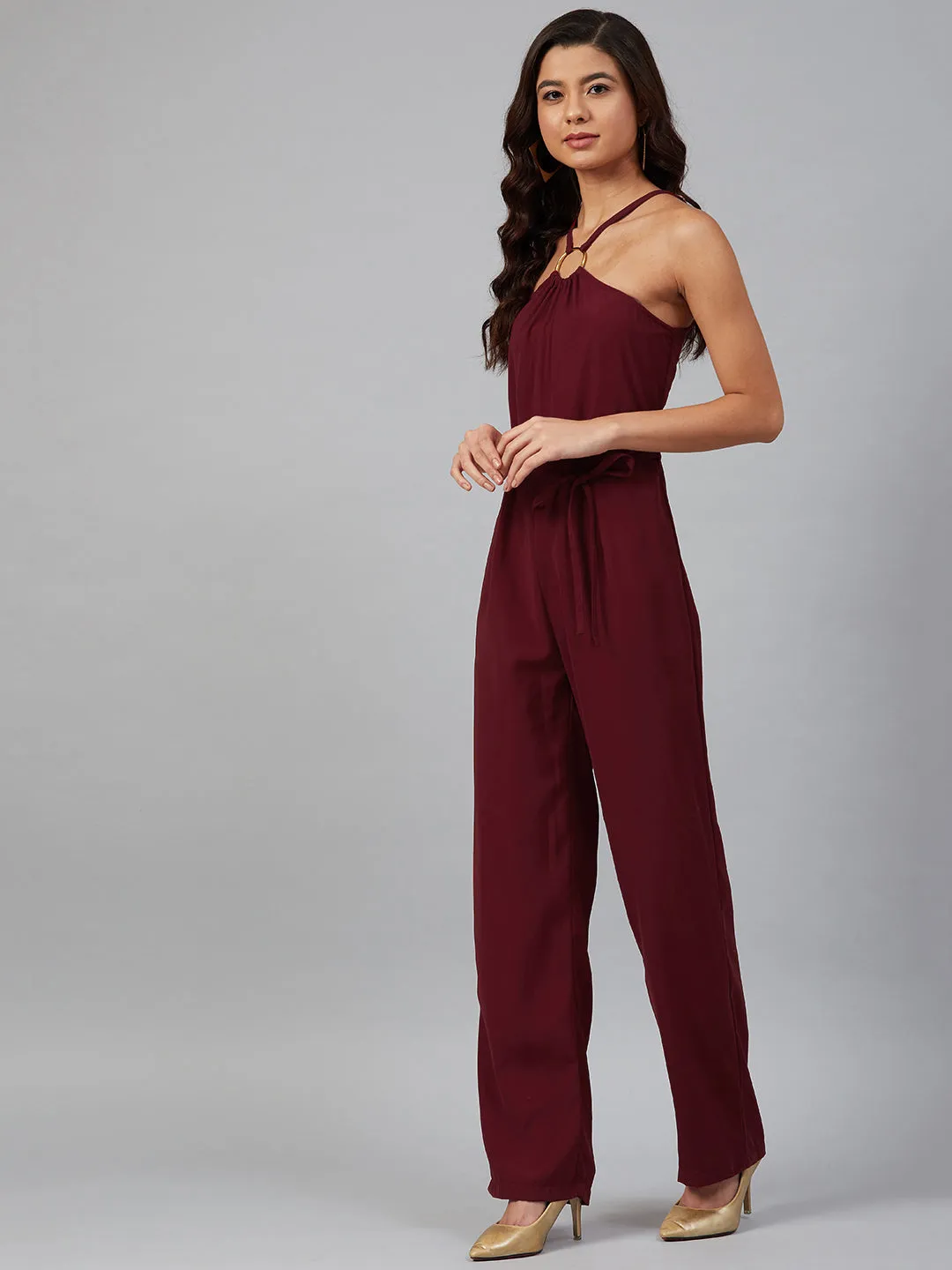 Jashvi Women Maroon Solid Basic Halter Neck Basic Jumpsuit