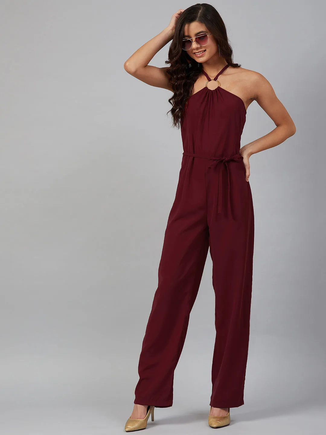 Jashvi Women Maroon Solid Basic Halter Neck Basic Jumpsuit