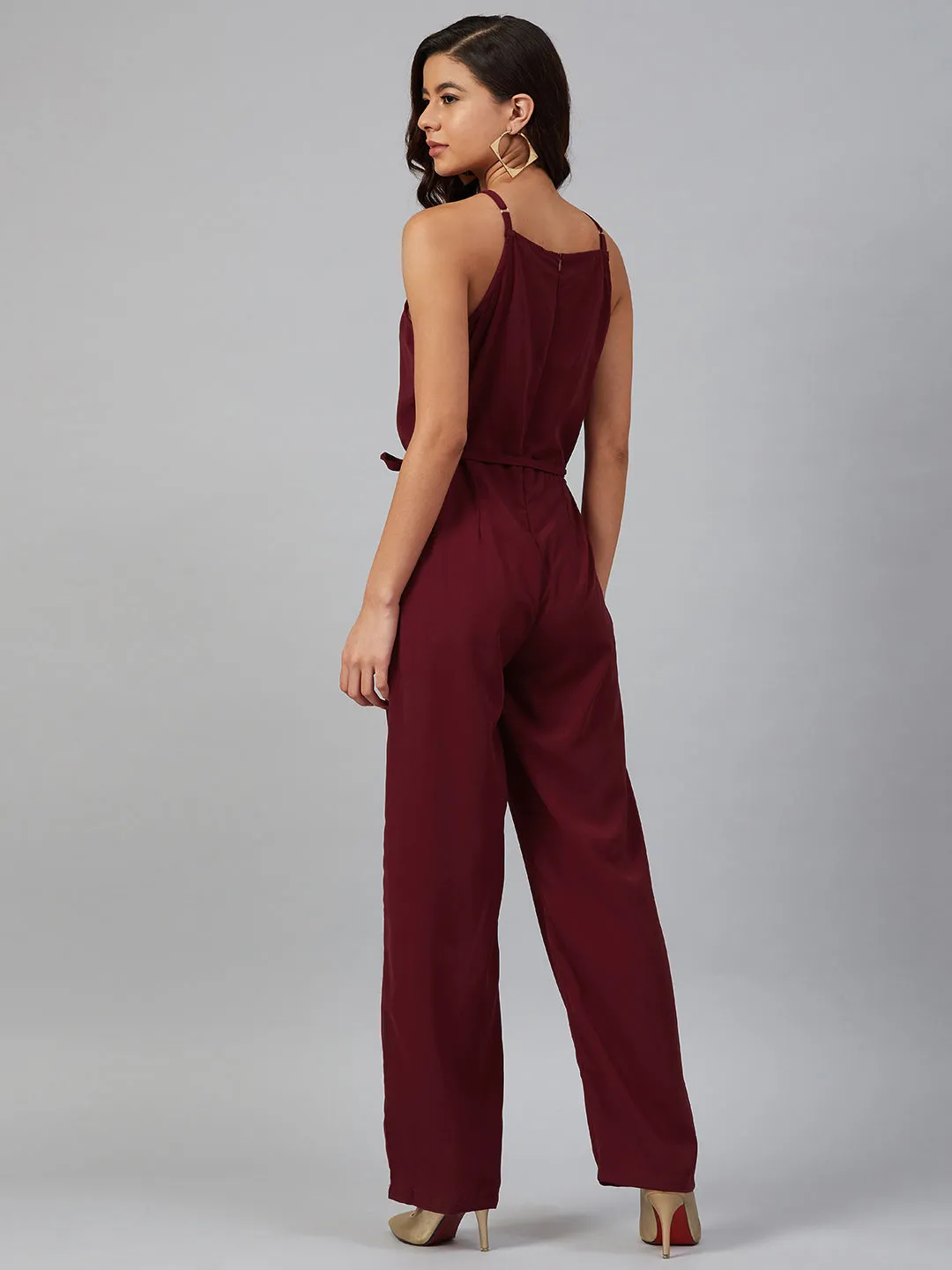 Jashvi Women Maroon Solid Basic Halter Neck Basic Jumpsuit